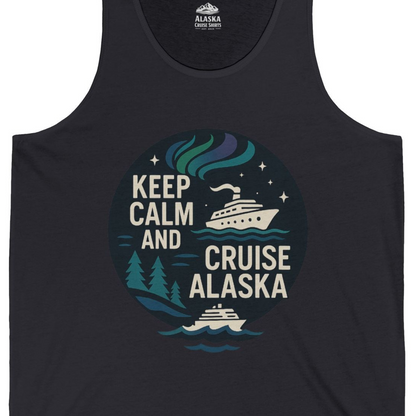 Keep Calm Cruise Alaska Shirt Tank Top – Dark Grey – Alaska Cruise Shirts Close Up