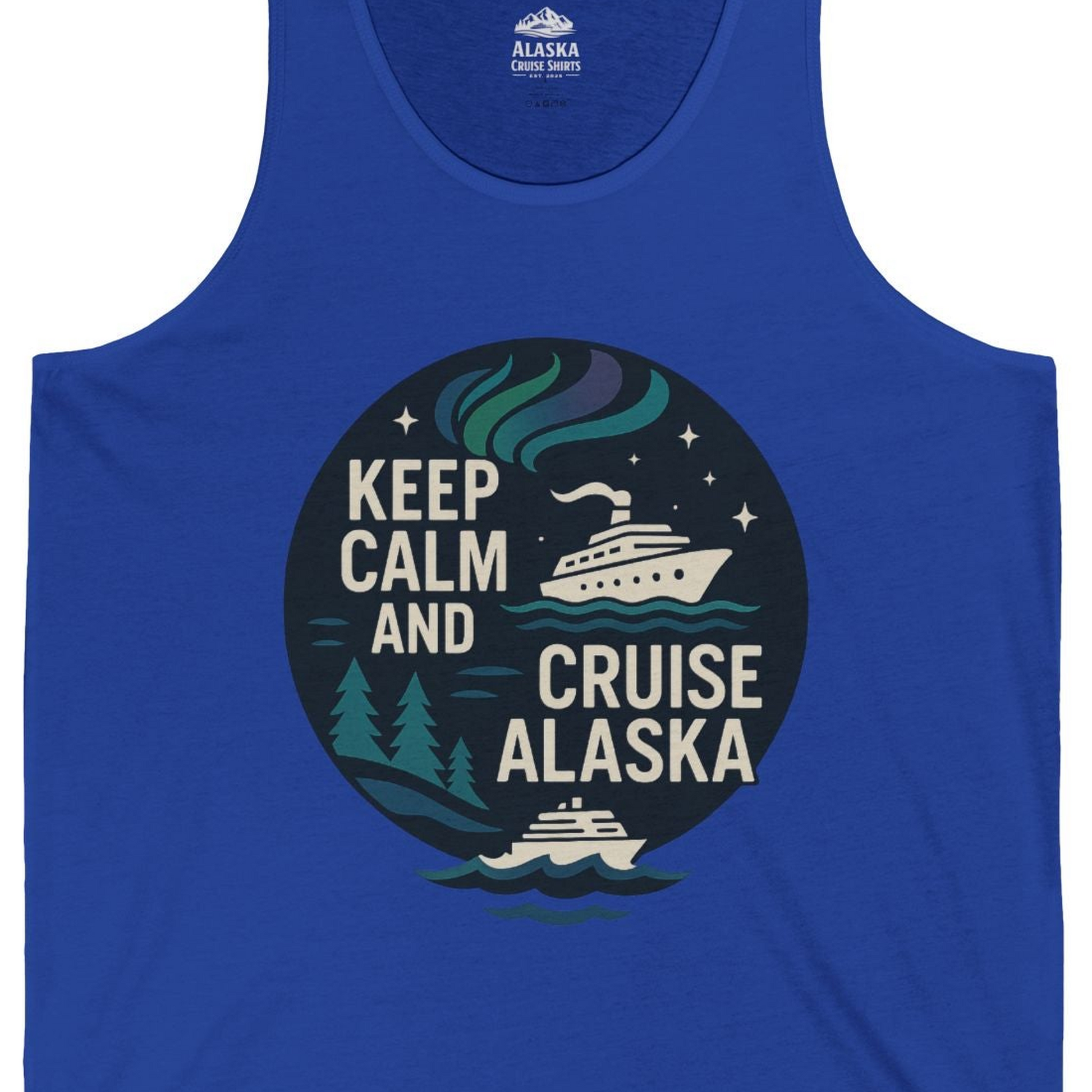 Keep Calm Cruise Alaska Shirt Tank Top – True Royal – Alaska Cruise Shirts Close Up