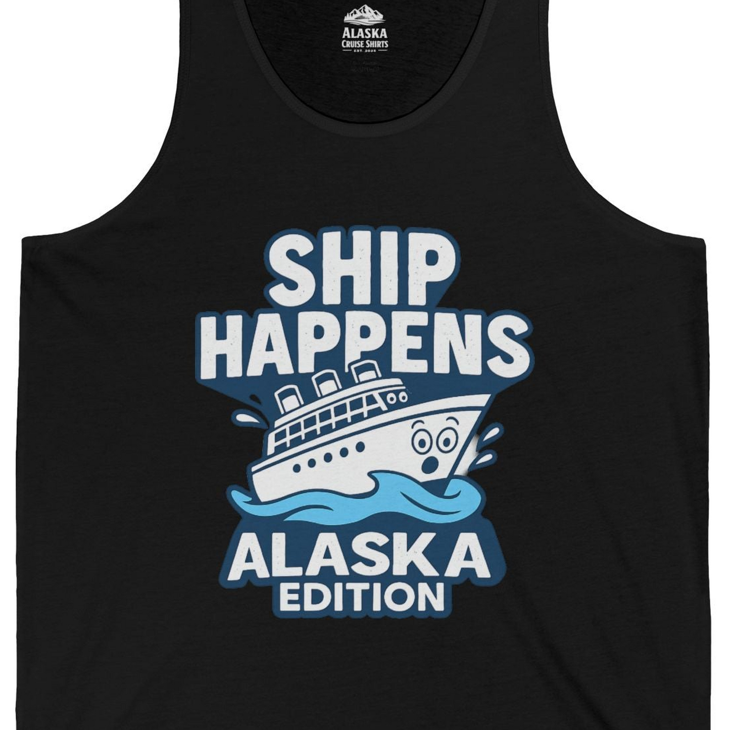 Ship Happens Alaska Cruise Shirt Tank Top – Black – Alaska Cruise Shirts Close Up
