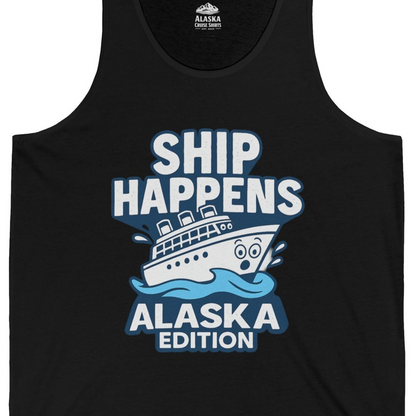 Ship Happens Alaska Cruise Shirt Tank Top – Black – Alaska Cruise Shirts Close Up