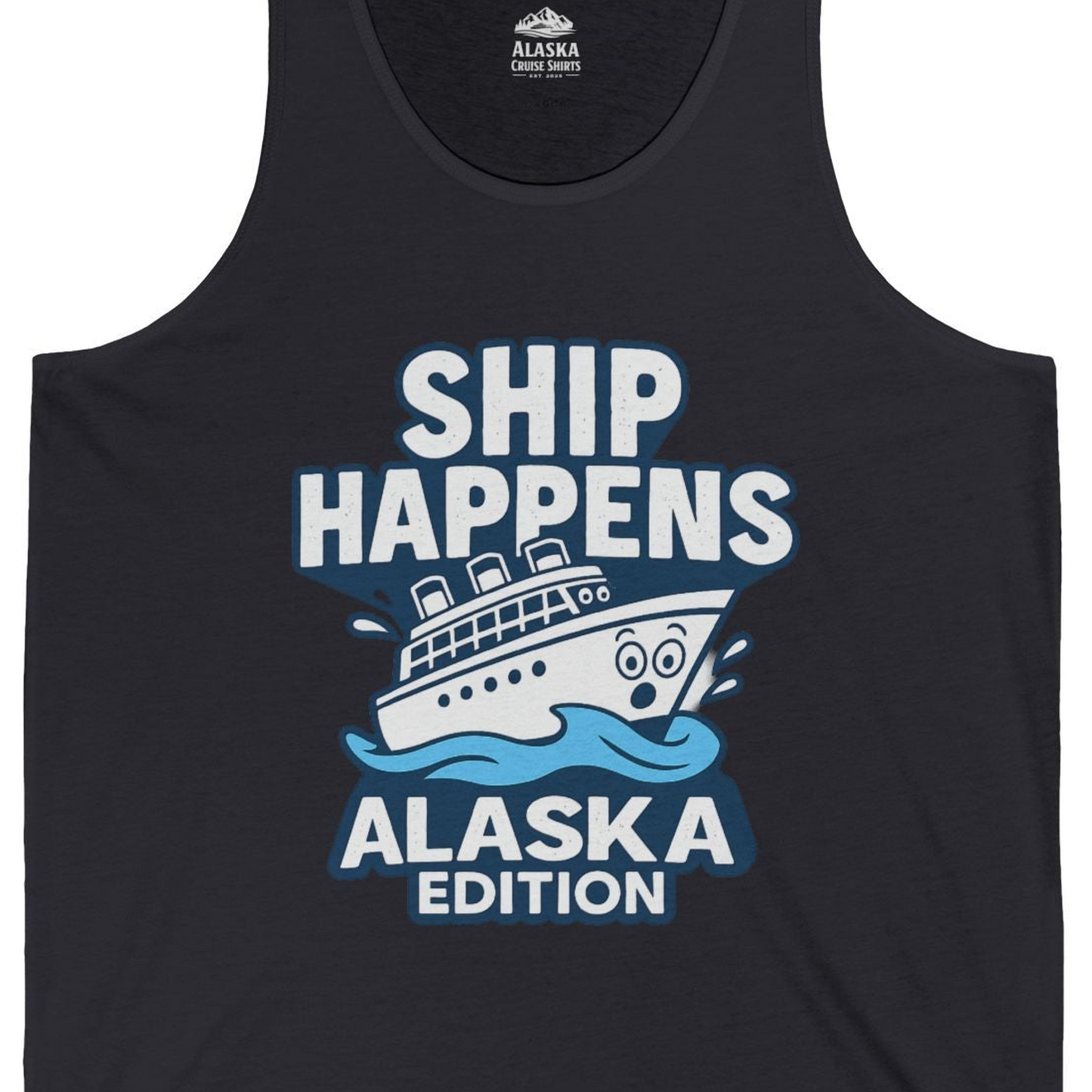 Ship Happens Alaska Cruise Shirt Tank Top – Dark Grey – Alaska Cruise Shirts Close Up