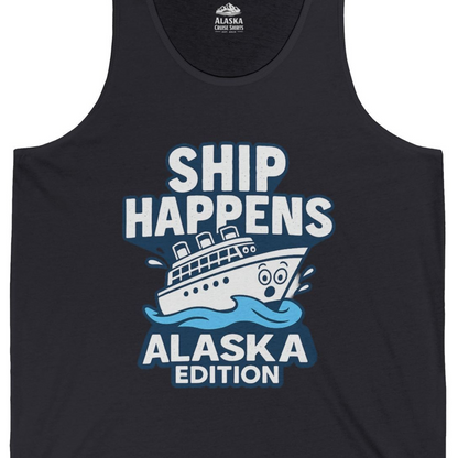 Ship Happens Alaska Cruise Shirt Tank Top – Dark Grey – Alaska Cruise Shirts Close Up