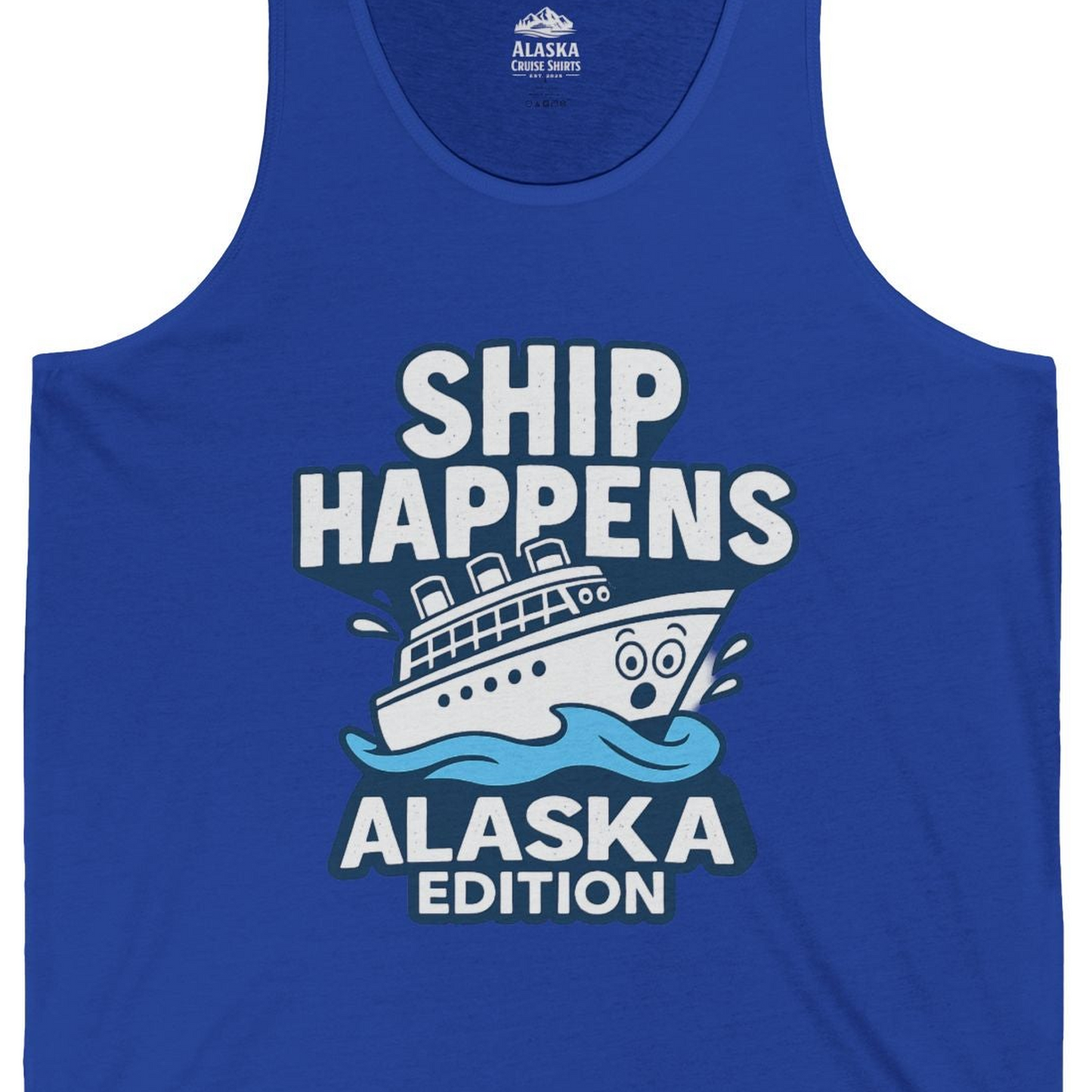 Ship Happens Alaska Cruise Shirt Tank Top – True Royal – Alaska Cruise Shirts Close Up
