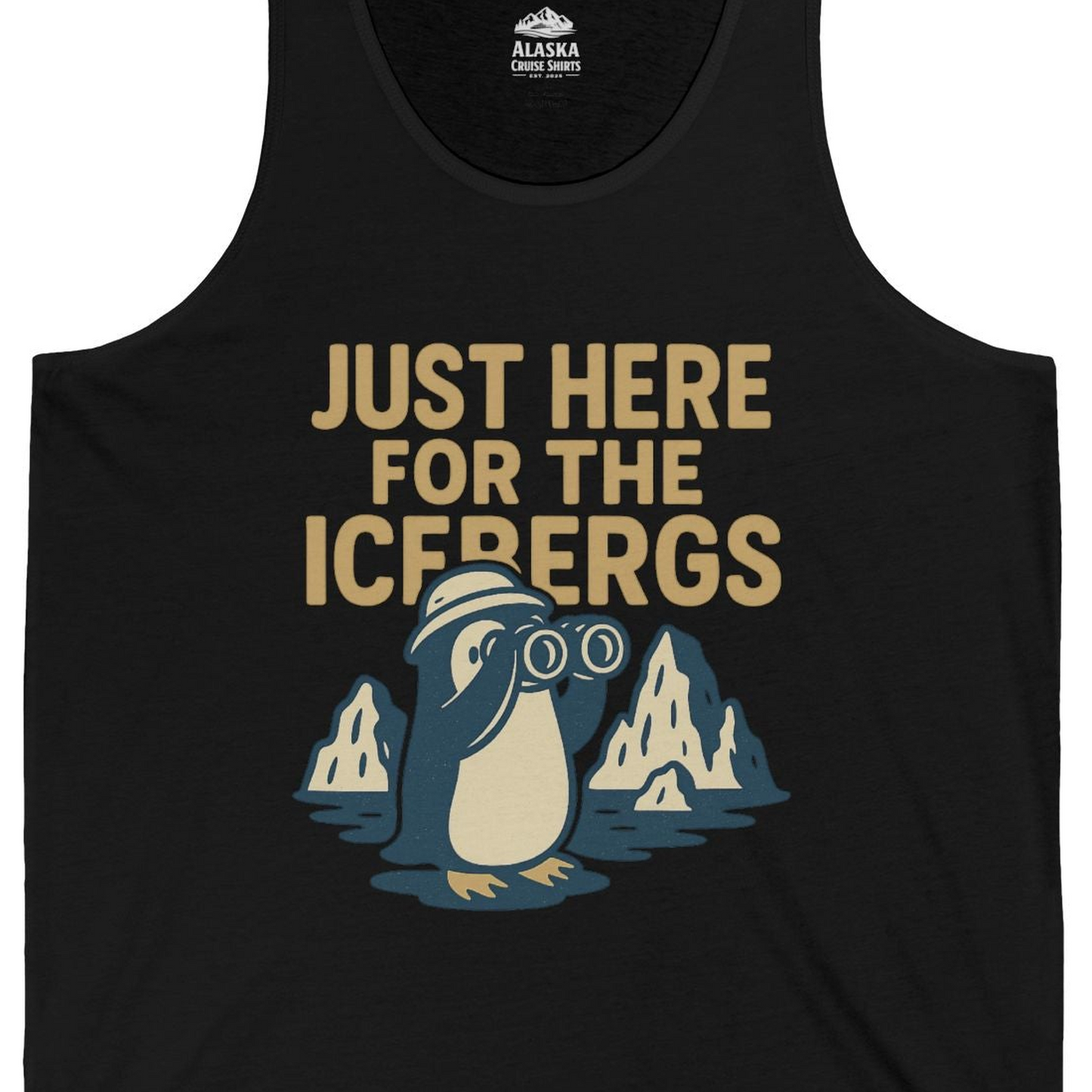 Just Here For The Icebergs Penguin Shirt Tank Top – Black – Alaska Cruise Shirts Close Up
