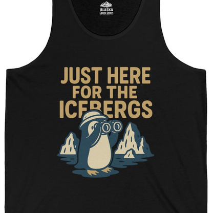 Just Here For The Icebergs Penguin Shirt Tank Top – Black – Alaska Cruise Shirts Close Up