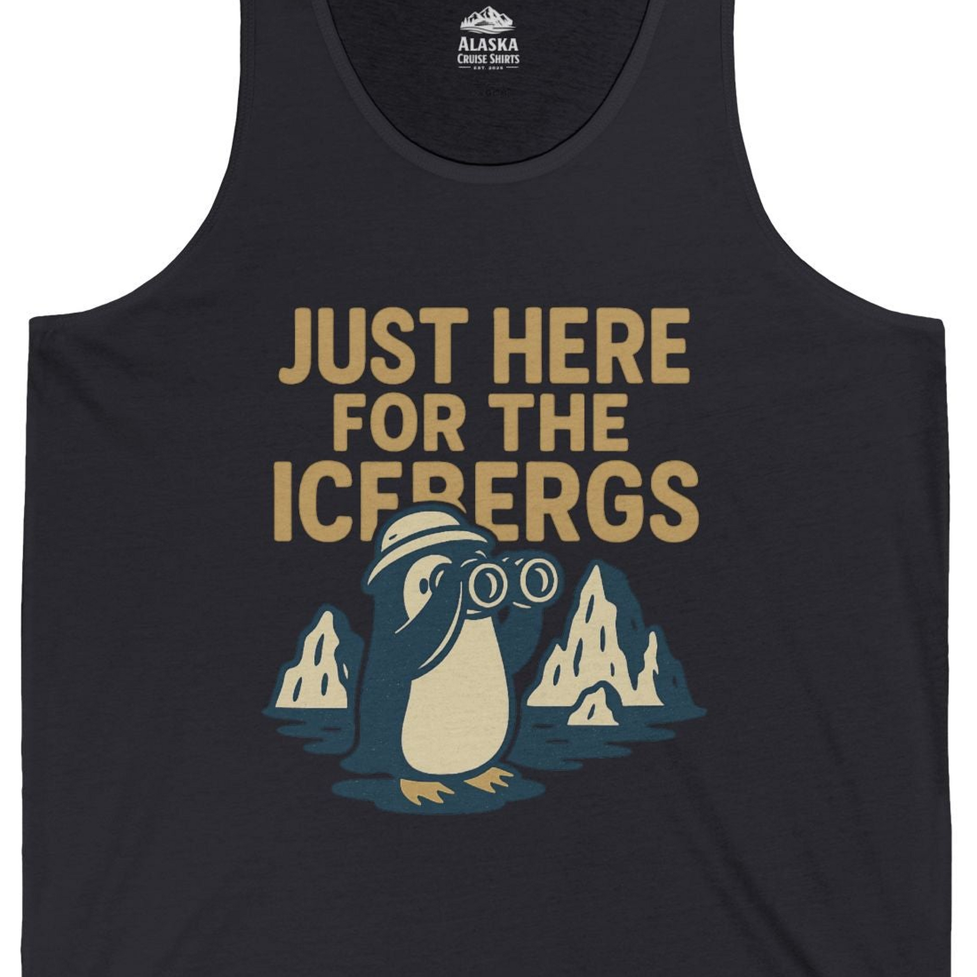 Just Here For The Icebergs Penguin Shirt Tank Top – Dark Grey – Alaska Cruise Shirts Close Up