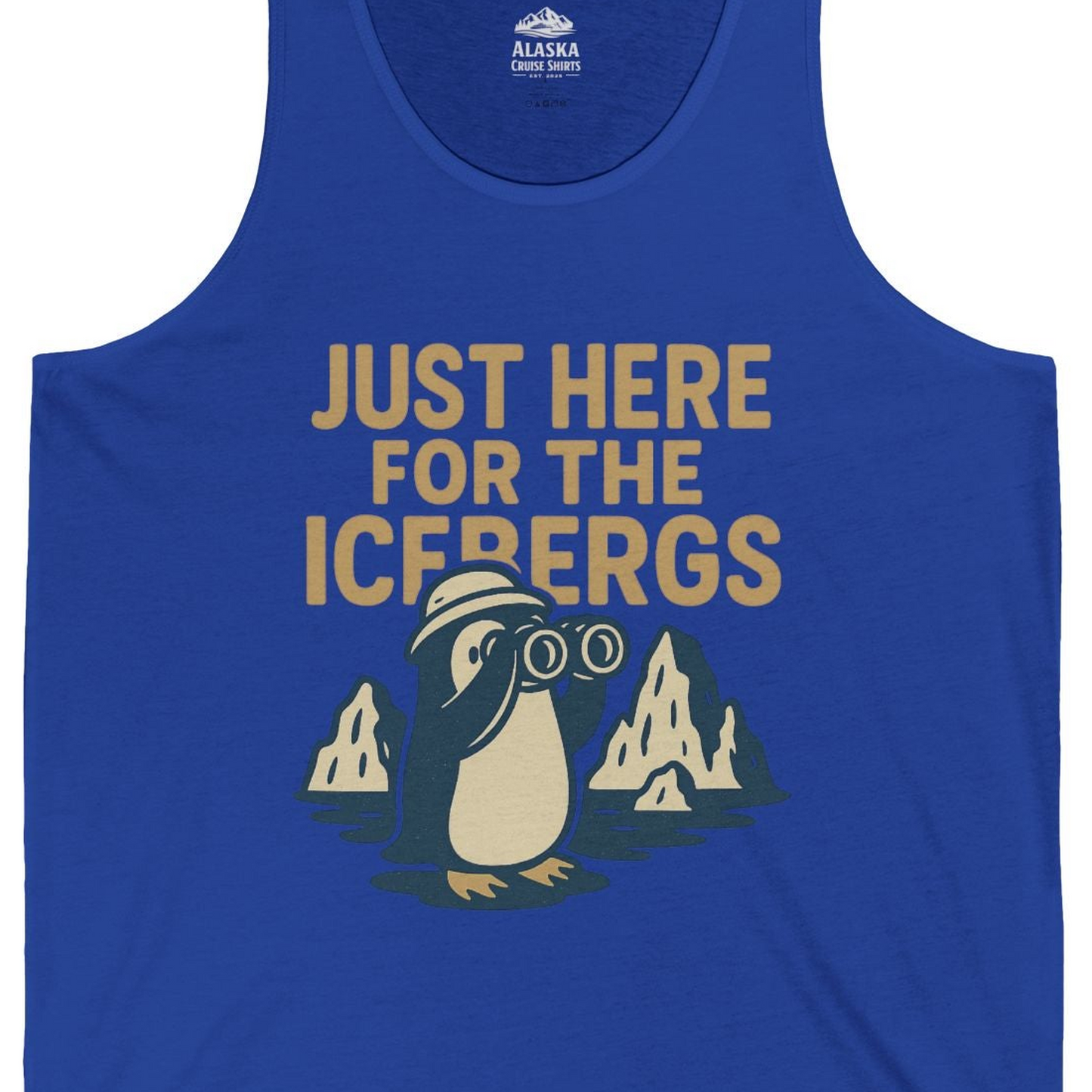 Just Here For The Icebergs Penguin Shirt Tank Top – True Royal – Alaska Cruise Shirts Close Up