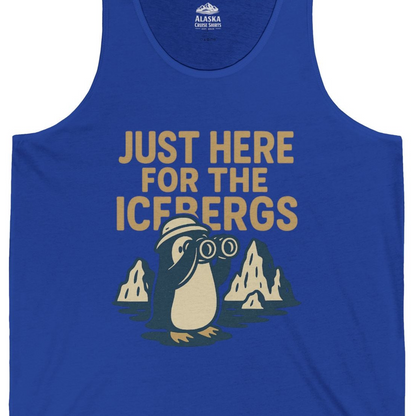 Just Here For The Icebergs Penguin Shirt Tank Top – True Royal – Alaska Cruise Shirts Close Up