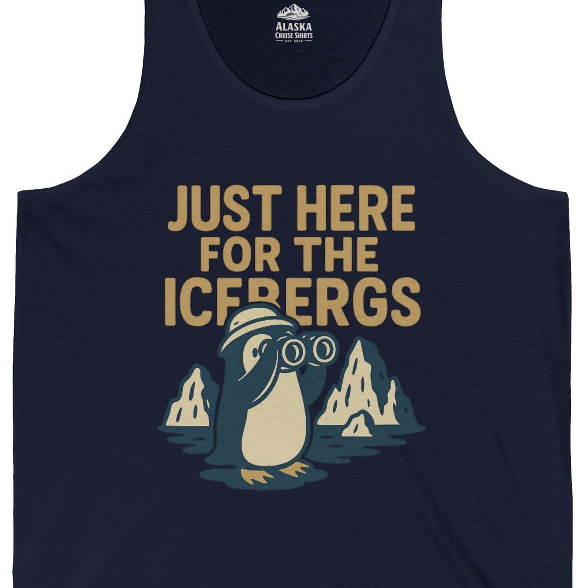 Just Here For The Icebergs Penguin Shirt Tank Top – Navy – Alaska Cruise Shirts Close Up