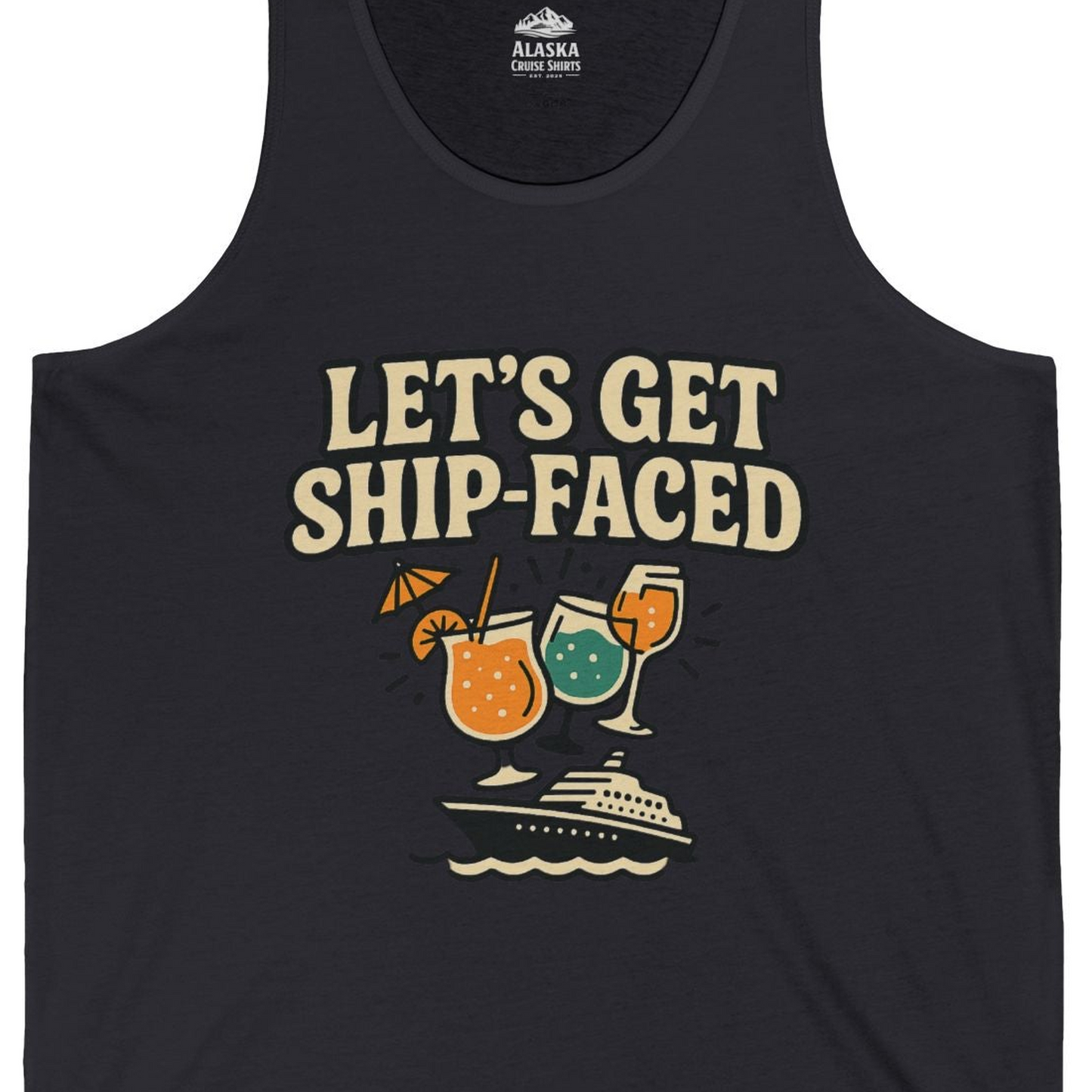 Lets Get Ship Faced Shirt Tank Top – Dark Grey – Alaska Cruise Shirts Close Up