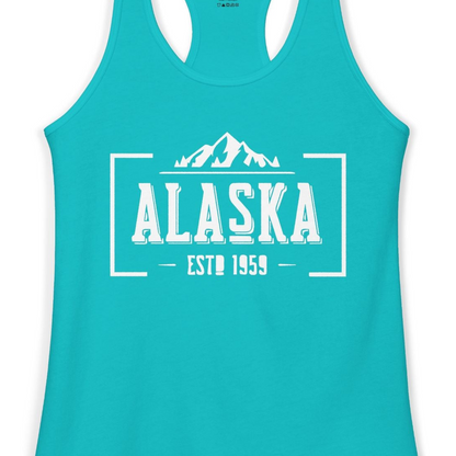 Alaska Mountain Vintage Shirt Tank Top – Tahiti Blue – Alaska Cruise Shirts Close Up
