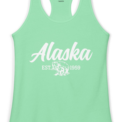 Alaska Bear Est 1959 Vintage Wildlife Graphic Monochrome Shirt — Ladies Tank Tank Top – Solid Mint – Alaska Cruise Shirts Close Up