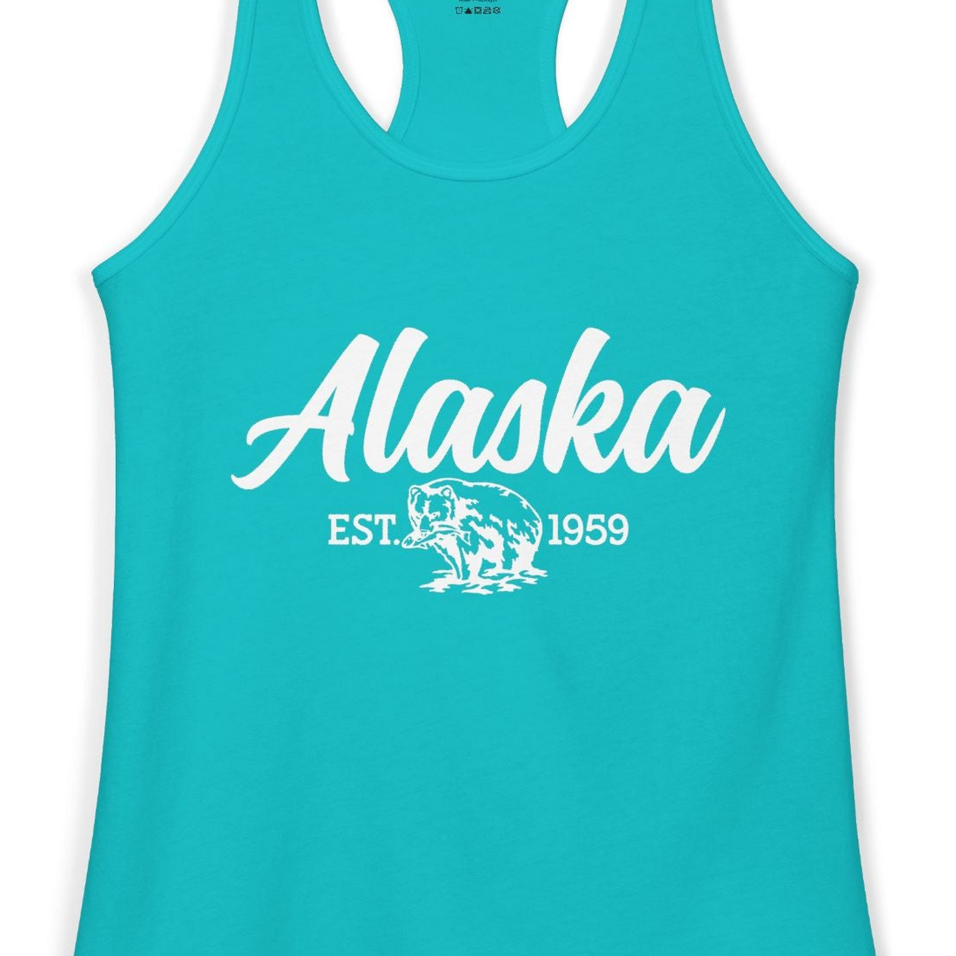 Alaska Bear Est 1959 Vintage Wildlife Graphic Monochrome Shirt — Ladies Tank Tank Top – Tahiti Blue – Alaska Cruise Shirts Close Up