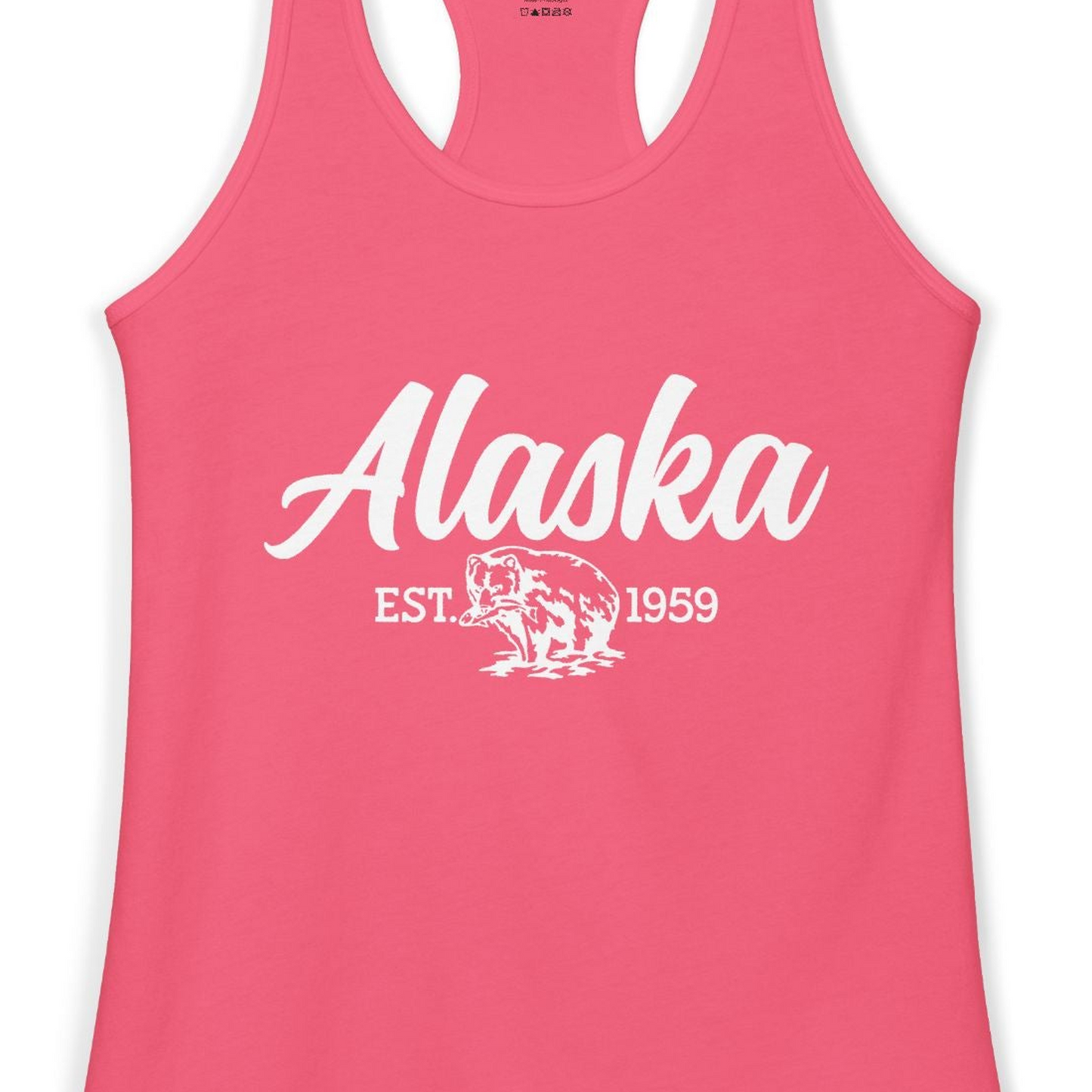Alaska Bear Est 1959 Vintage Wildlife Graphic Monochrome Shirt — Ladies Tank Tank Top – Hot Pink – Alaska Cruise Shirts Close Up
