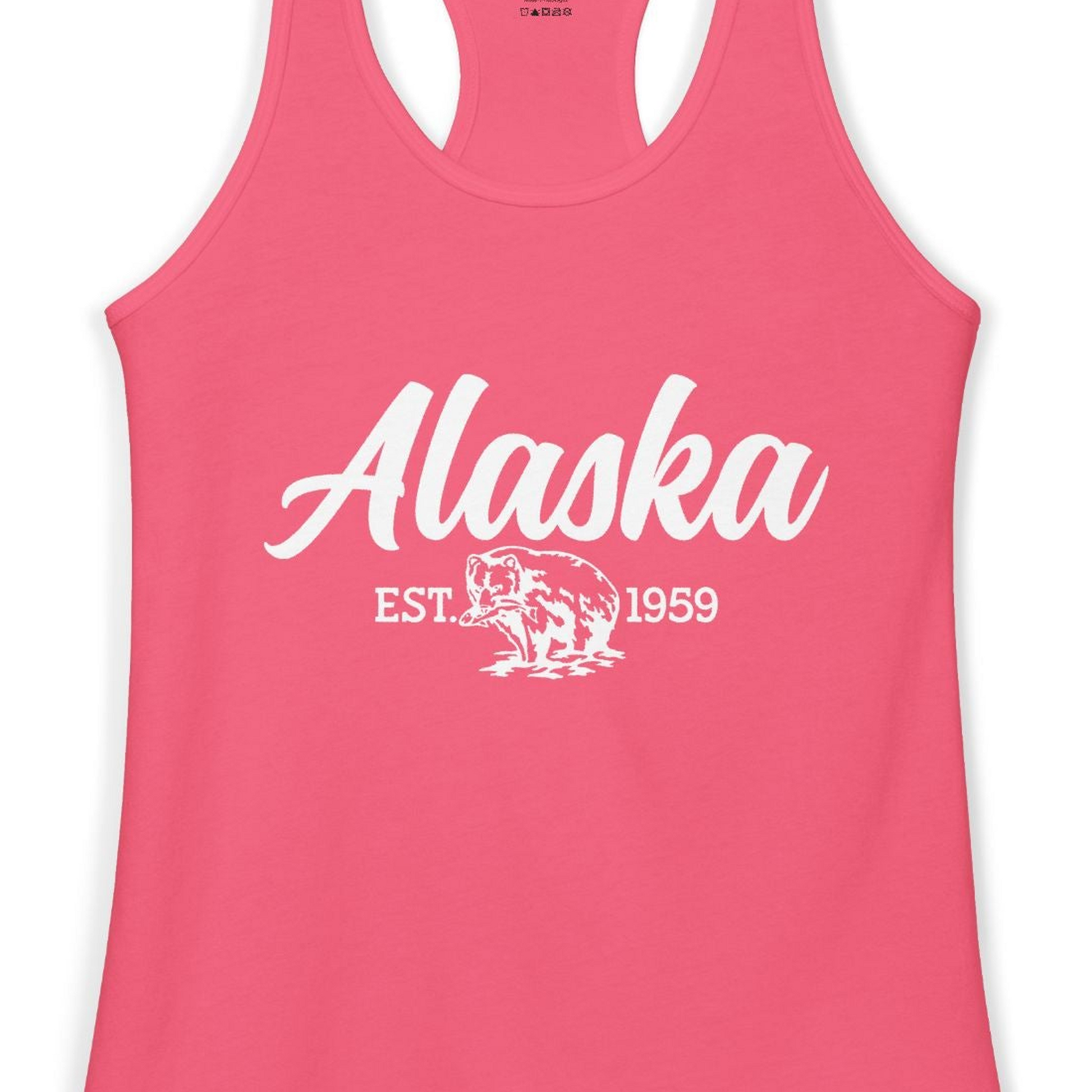 Alaska Bear Est 1959 Vintage Wildlife Graphic Monochrome Shirt — Ladies Tank Tank Top – Hot Pink – Alaska Cruise Shirts Close Up