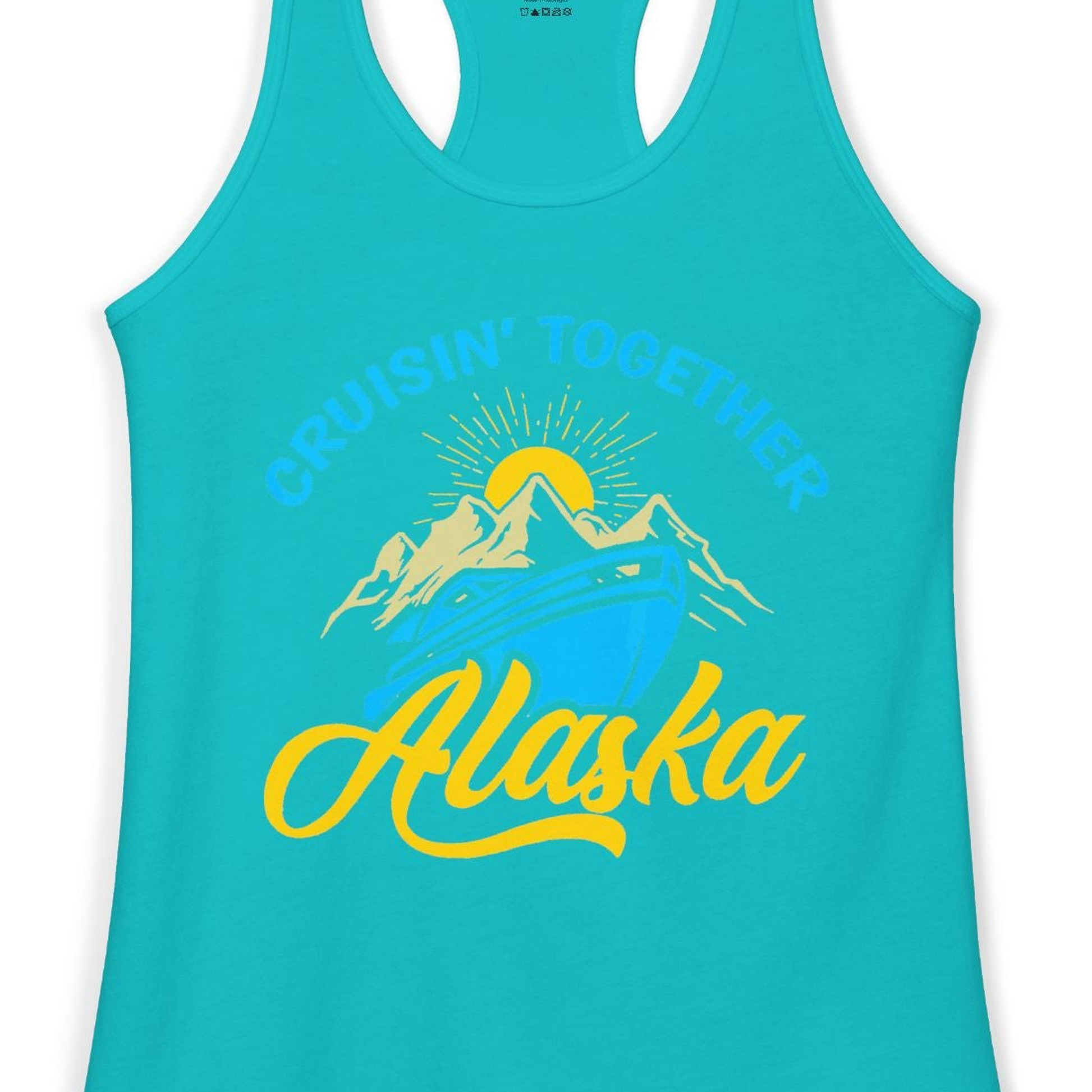 Alaska Cruise Adventure Mountains Sunrise Retro Shirt for Travelers — Ladies Tank Tank Top – Tahiti Blue – Alaska Cruise Shirts Close Up