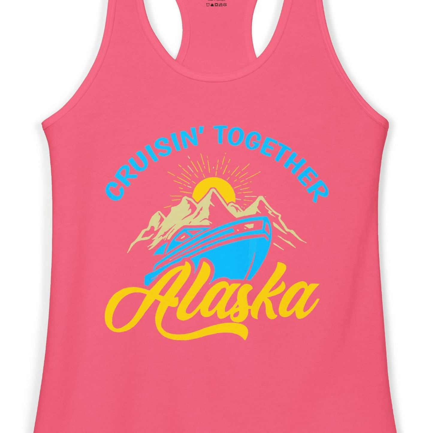 Alaska Cruise Adventure Mountains Sunrise Retro Shirt for Travelers — Ladies Tank Tank Top – Hot Pink – Alaska Cruise Shirts Close Up