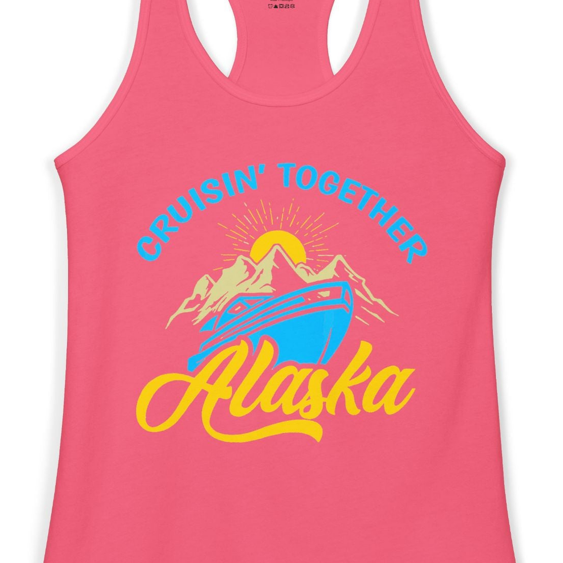 Alaska Cruise Adventure Mountains Sunrise Retro Shirt for Travelers — Ladies Tank Tank Top – Hot Pink – Alaska Cruise Shirts Close Up