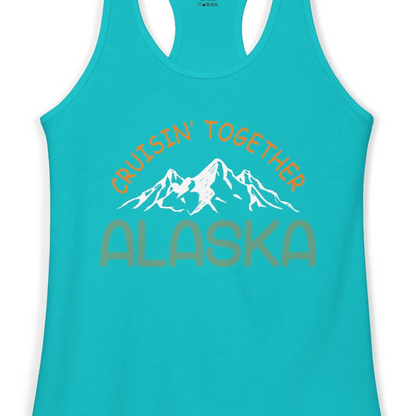 Cruisin Together Alaska Mountain Adventure Cruise Graphic Shirt — Ladies Tank Tank Top – Tahiti Blue – Alaska Cruise Shirts Close Up