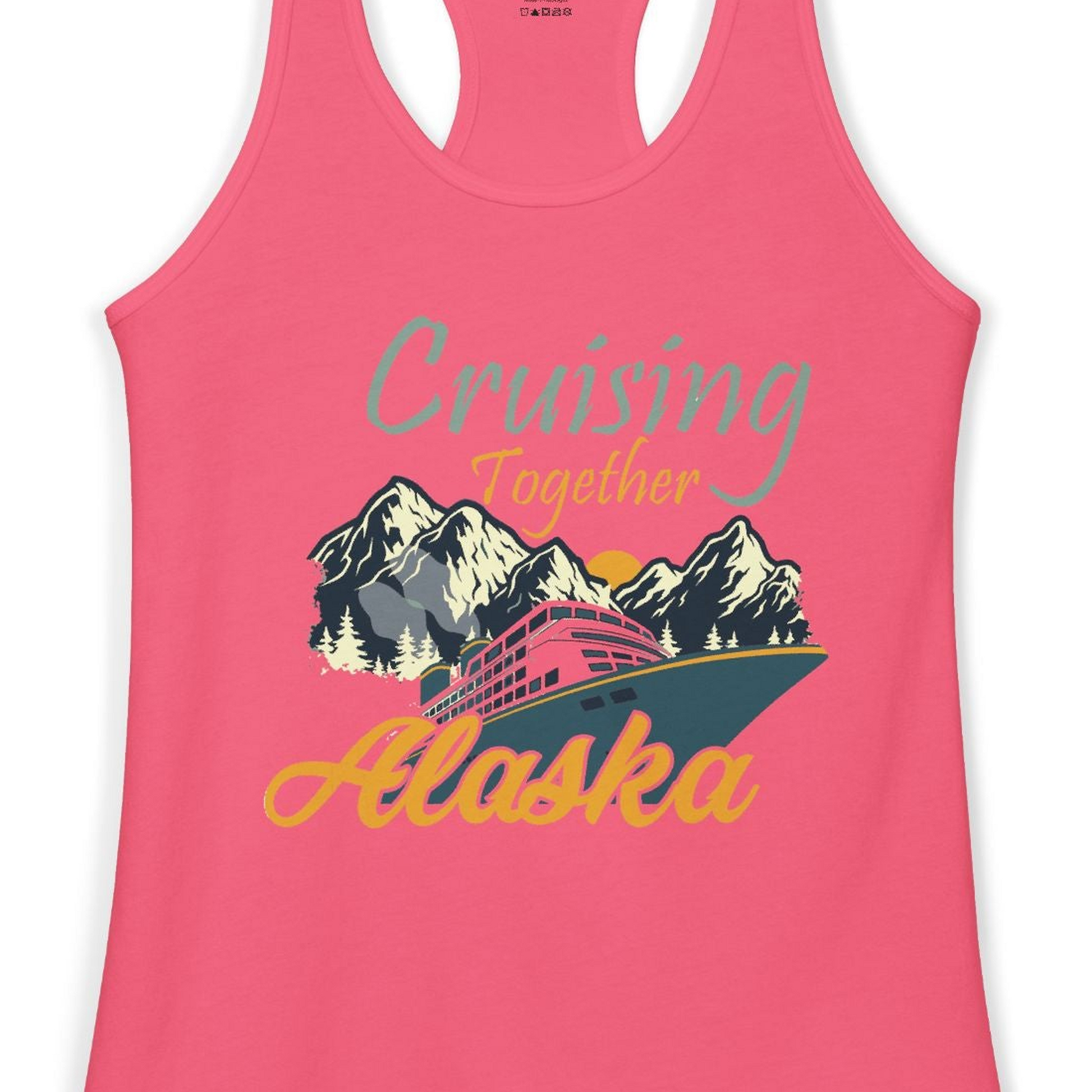 Cruising Together Alaska Mountains Family Alaska Cruise Adventure Shirt — Ladies Tank Tank Top – Hot Pink – Alaska Cruise Shirts Close Up