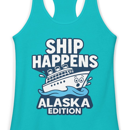 Ship Happens Alaska Cruise Shirt Tank Top – Tahiti Blue – Alaska Cruise Shirts Close Up