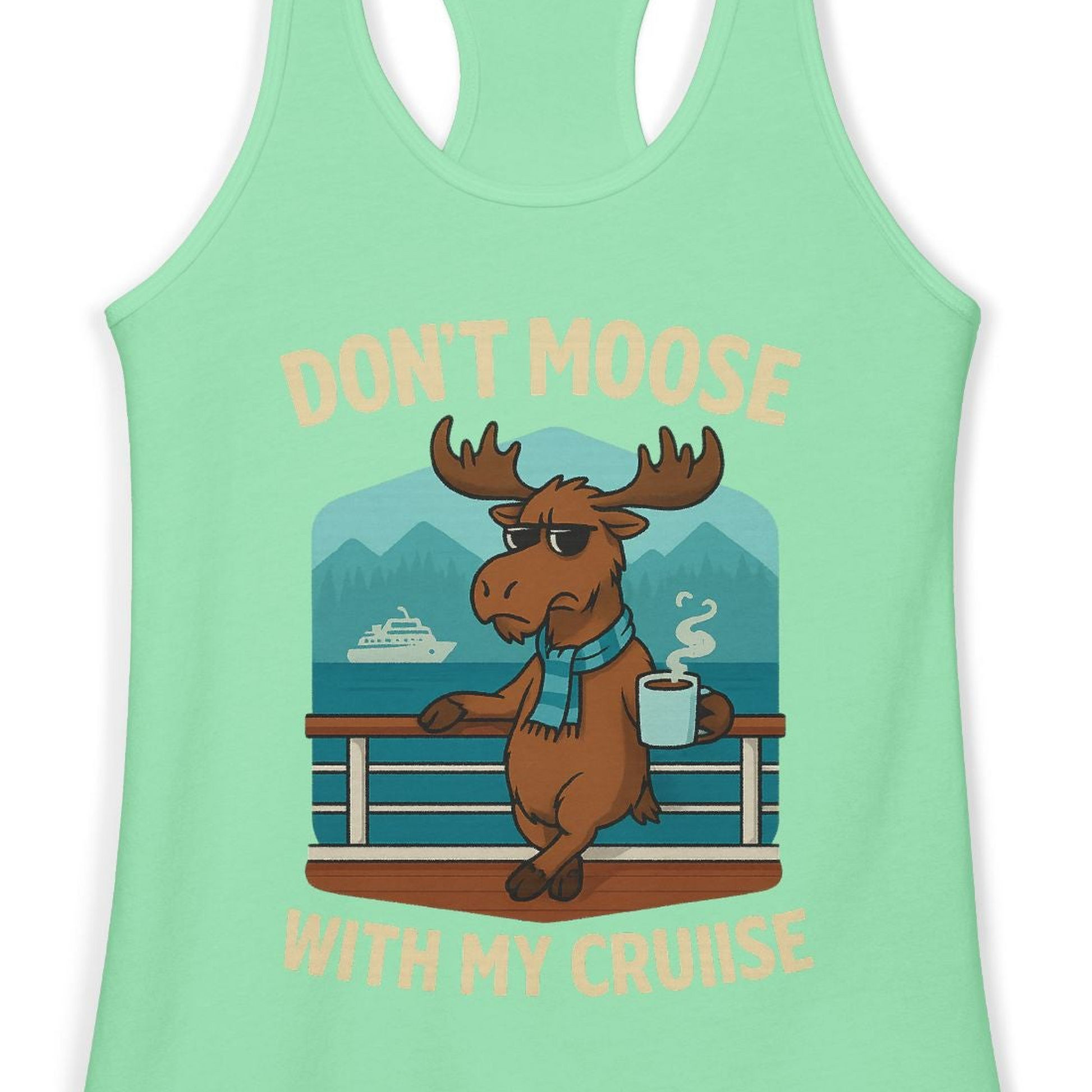 Funny Moose on Alaska Cruise Ship Shirt Tank Top – Solid Mint – Alaska Cruise Shirts Close Up