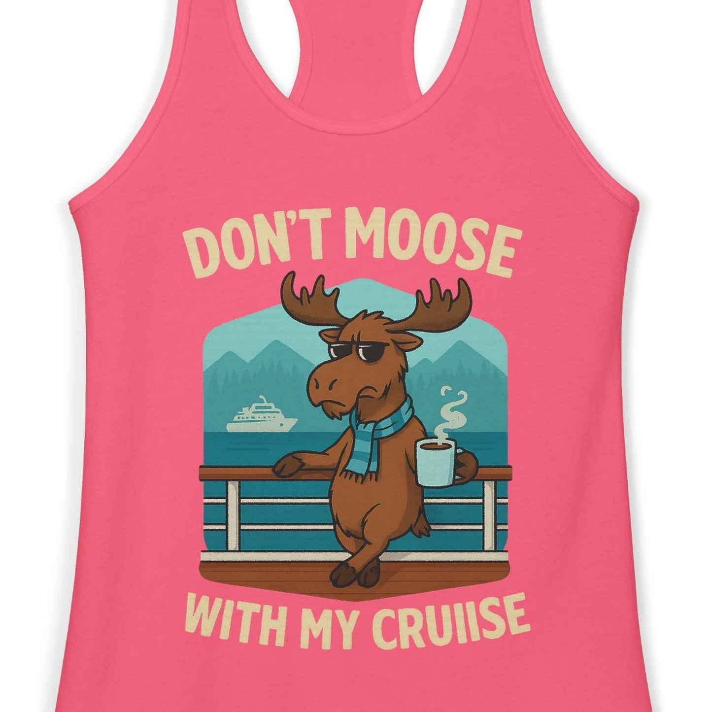 Funny Moose on Alaska Cruise Ship Shirt Tank Top – Hot Pink – Alaska Cruise Shirts Close Up