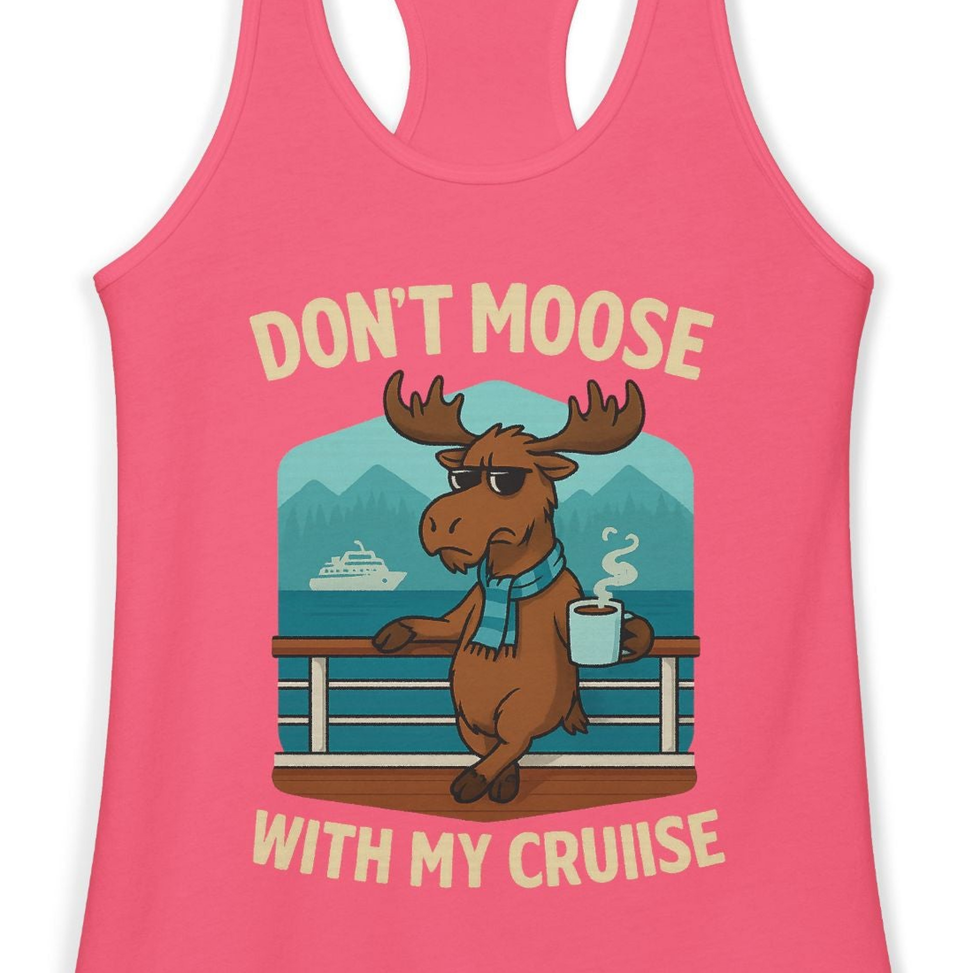 Funny Moose on Alaska Cruise Ship Shirt Tank Top – Hot Pink – Alaska Cruise Shirts Close Up