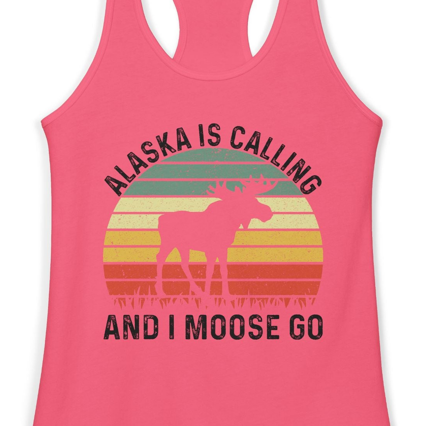 Alaska Is Calling And I Moose Go Retro Sunset Moose Graphic Shirt — Ladies Tank Tank Top – Hot Pink – Alaska Cruise Shirts Close Up