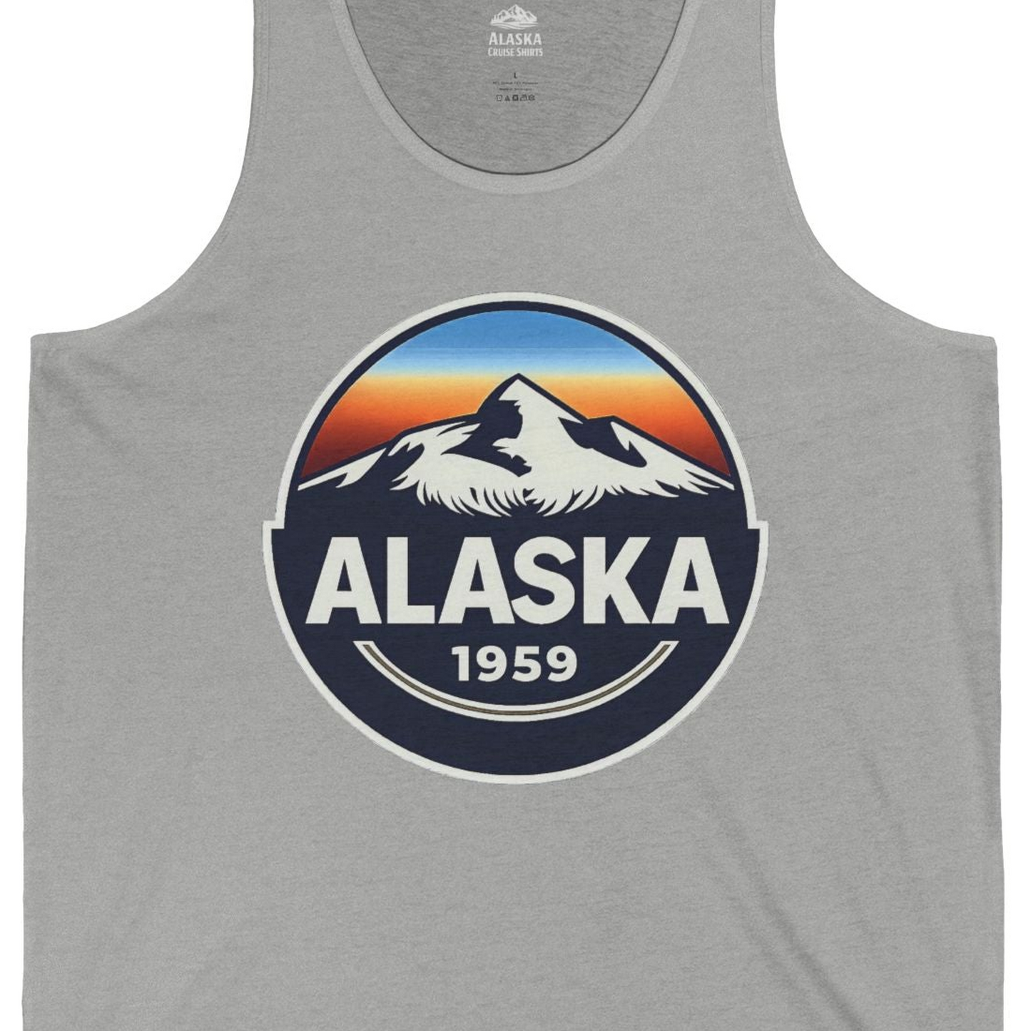 Alaska 1959 Retro Mountain Sunset Badge tank top Vintage Statehood tank top — Tank Top Tank Top – Athletic Heather – Alaska Cruise Shirts Close Up