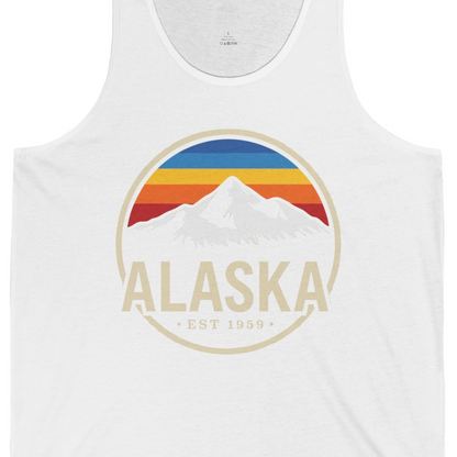 Alaska Vintage Mountain Sunset Shirt Tank Top – White – Alaska Cruise Shirts Close Up