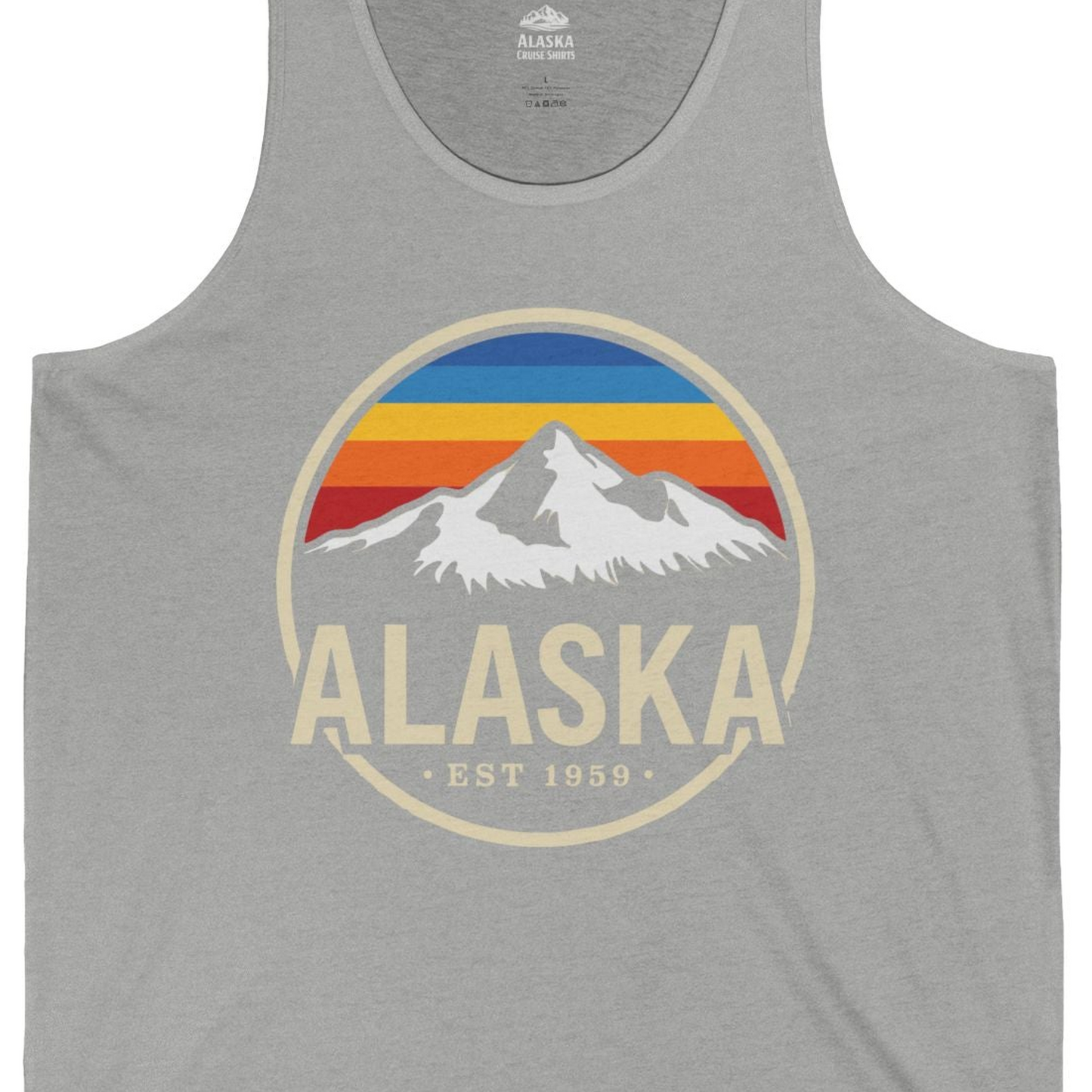 Alaska Vintage Mountain Sunset Shirt Tank Top – Athletic Heather – Alaska Cruise Shirts Close Up