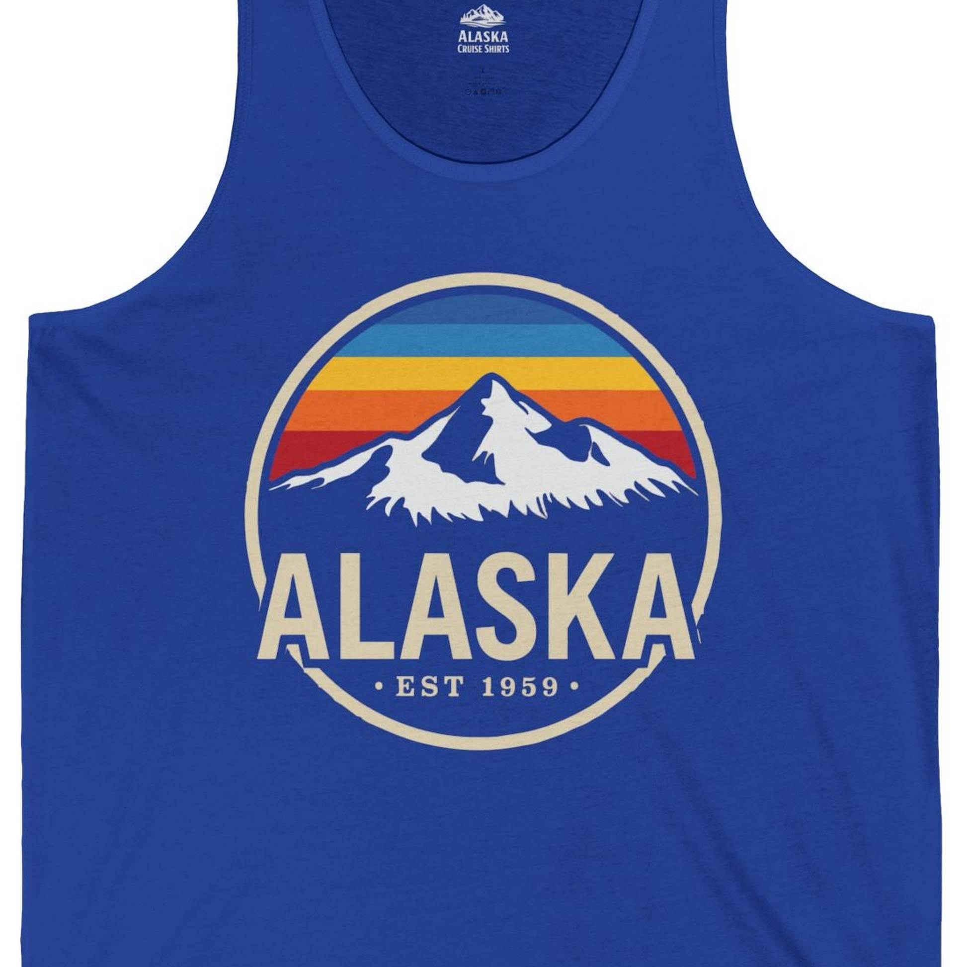 Alaska Vintage Mountain Sunset Shirt Tank Top – True Royal – Alaska Cruise Shirts Close Up