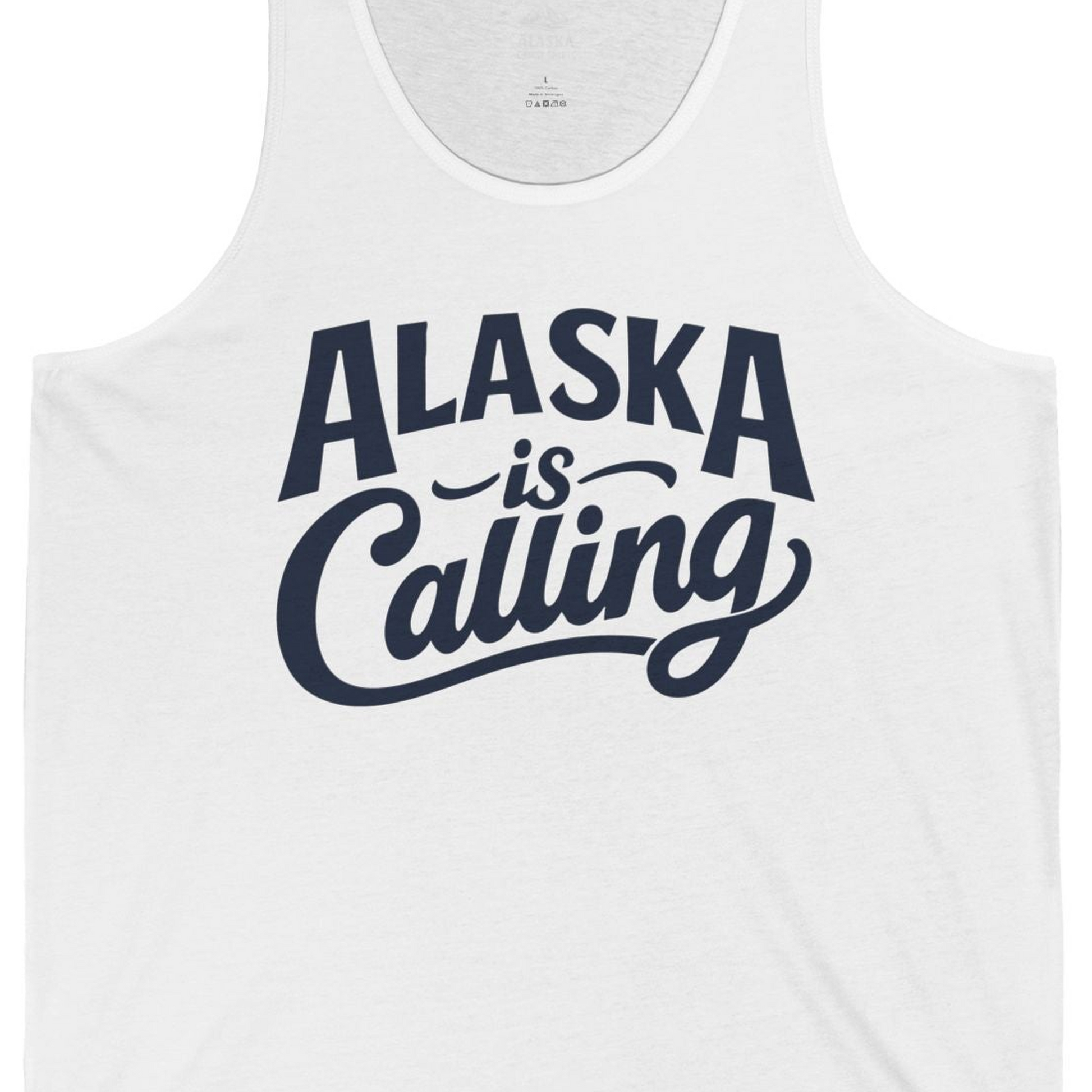 Alaska Is Calling Shirt Tank Top – White – Alaska Cruise Shirts Close Up