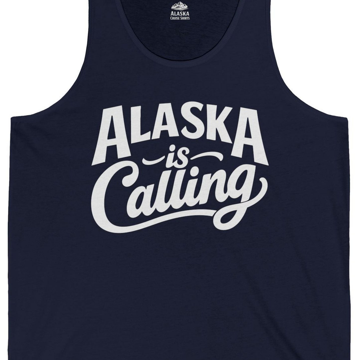 Alaska Is Calling Shirt Tank Top – Navy – Alaska Cruise Shirts Close Up