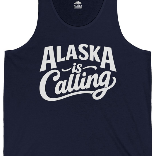 Alaska Is Calling Shirt Tank Top – Navy – Alaska Cruise Shirts Close Up