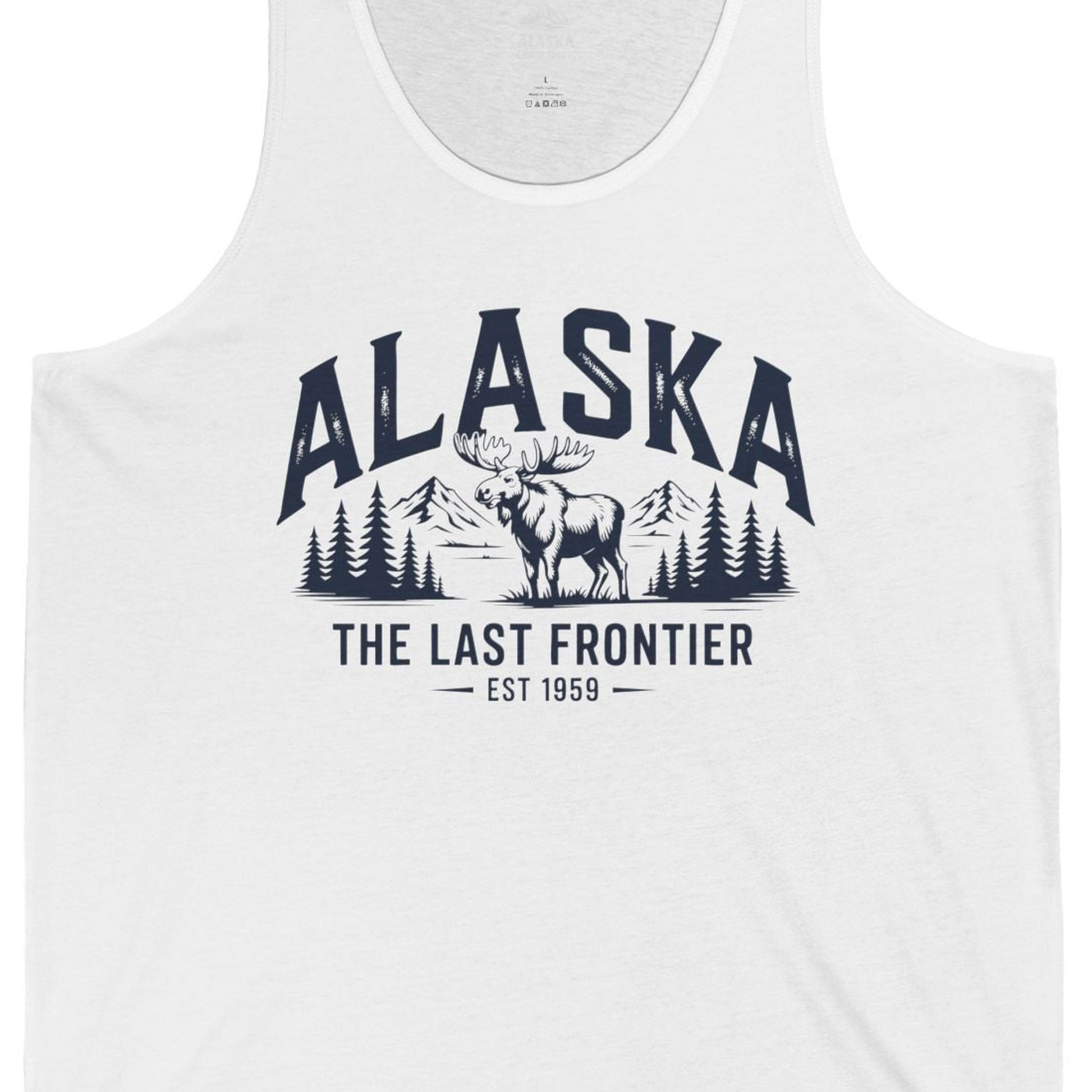 Alaska The Last Frontier Moose Mountain Wilderness Graphic Shirt — Tank Top Tank Top – White – Alaska Cruise Shirts Close Up