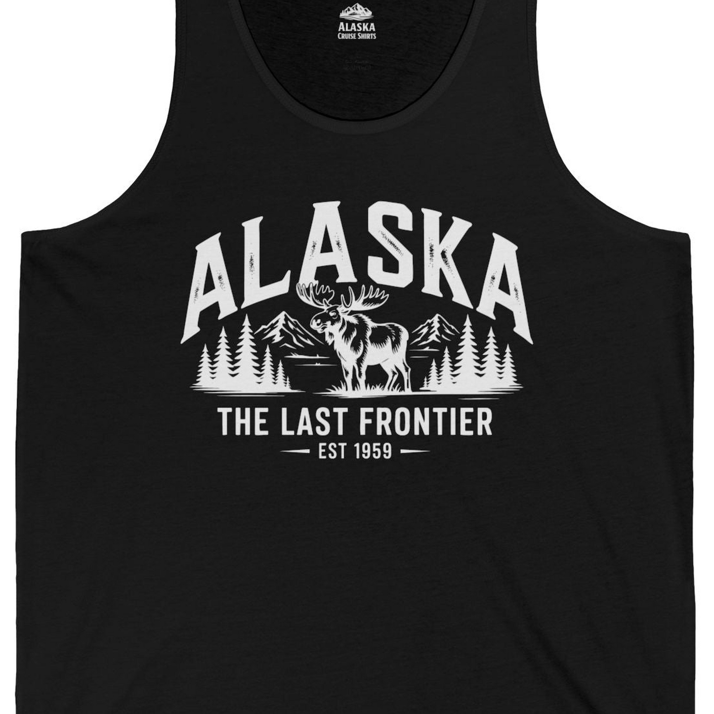Alaska The Last Frontier Moose Mountain Wilderness Graphic Shirt — Tank Top Tank Top – Black – Alaska Cruise Shirts Close Up