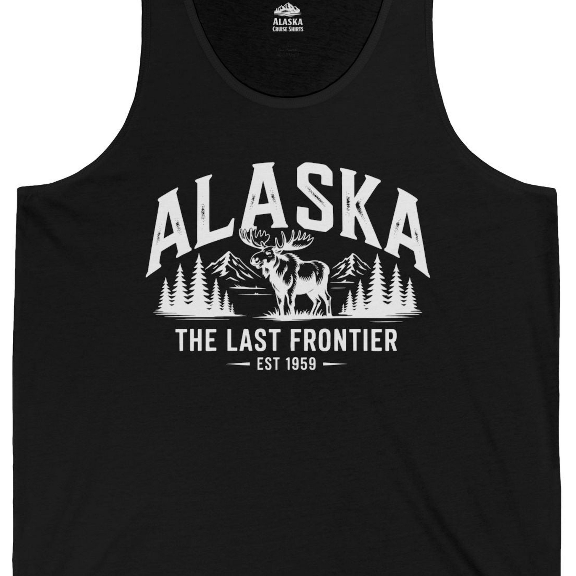 Alaska The Last Frontier Moose Mountain Wilderness Graphic Shirt — Tank Top Tank Top – Black – Alaska Cruise Shirts Close Up