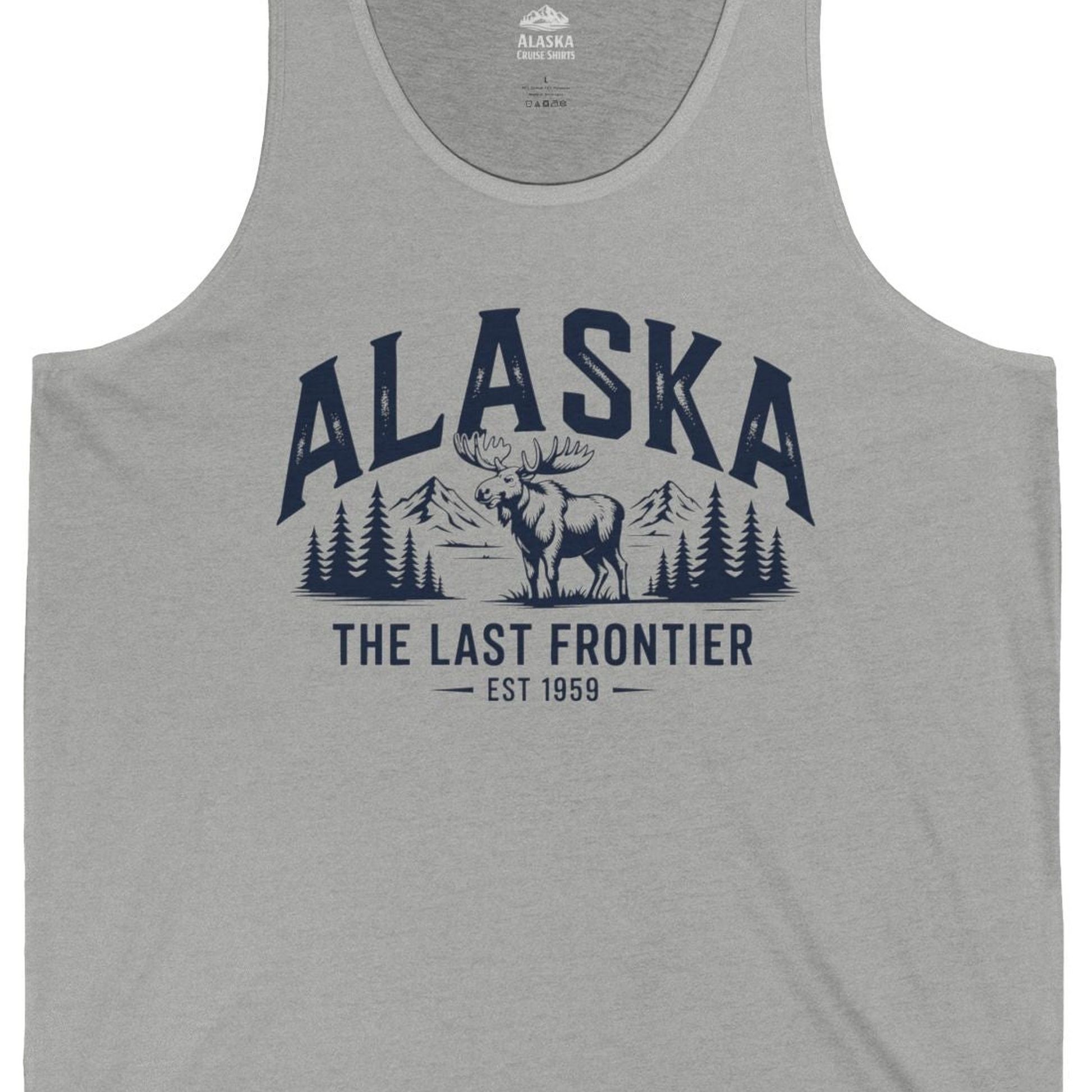 Alaska The Last Frontier Moose Mountain Wilderness Graphic Shirt — Tank Top Tank Top – Athletic Heather – Alaska Cruise Shirts Close Up