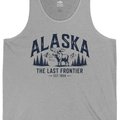 Alaska The Last Frontier Moose Mountain Wilderness Graphic Shirt — Tank Top Tank Top – Athletic Heather – Alaska Cruise Shirts Close Up