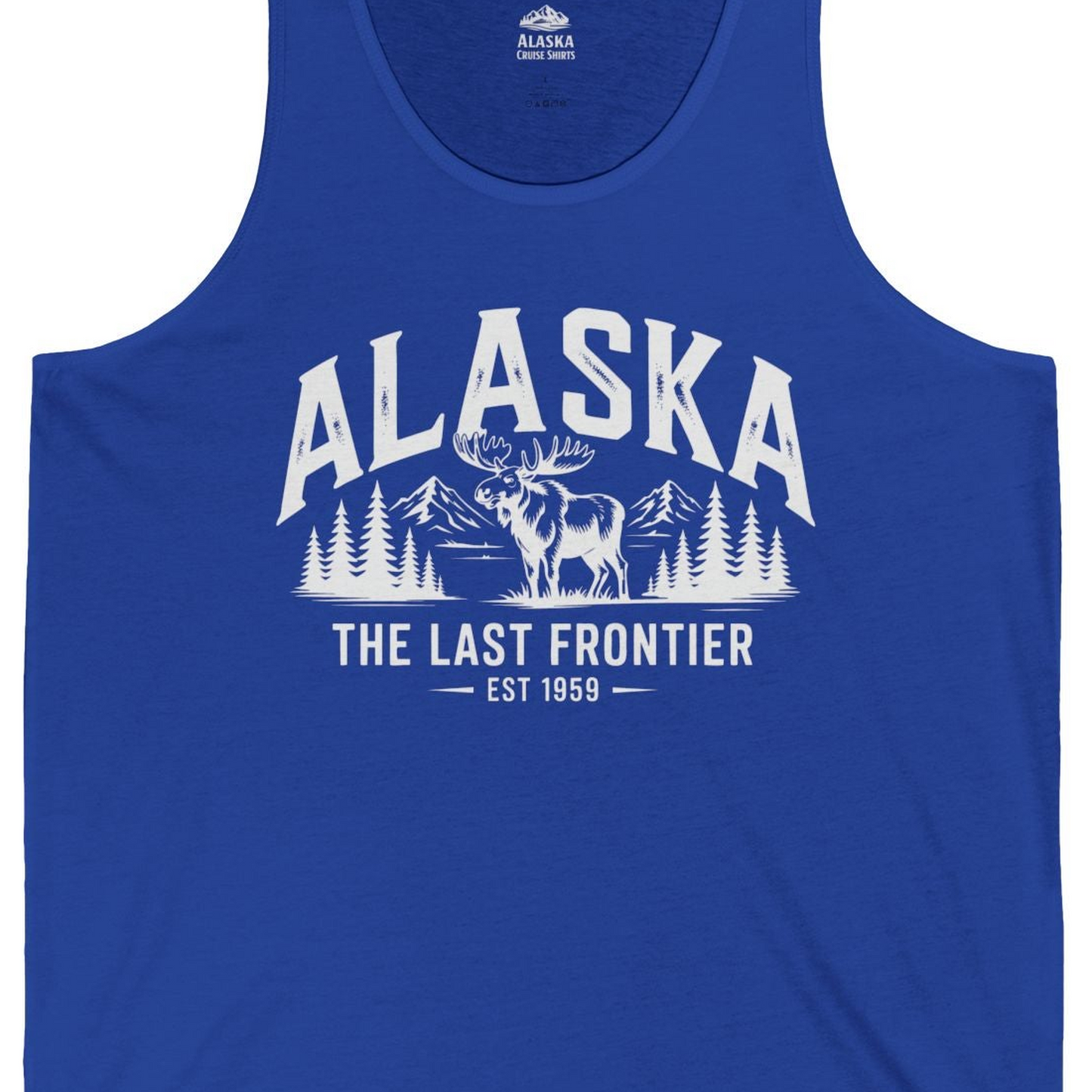 Alaska The Last Frontier Moose Mountain Wilderness Graphic Shirt — Tank Top Tank Top – True Royal – Alaska Cruise Shirts Close Up