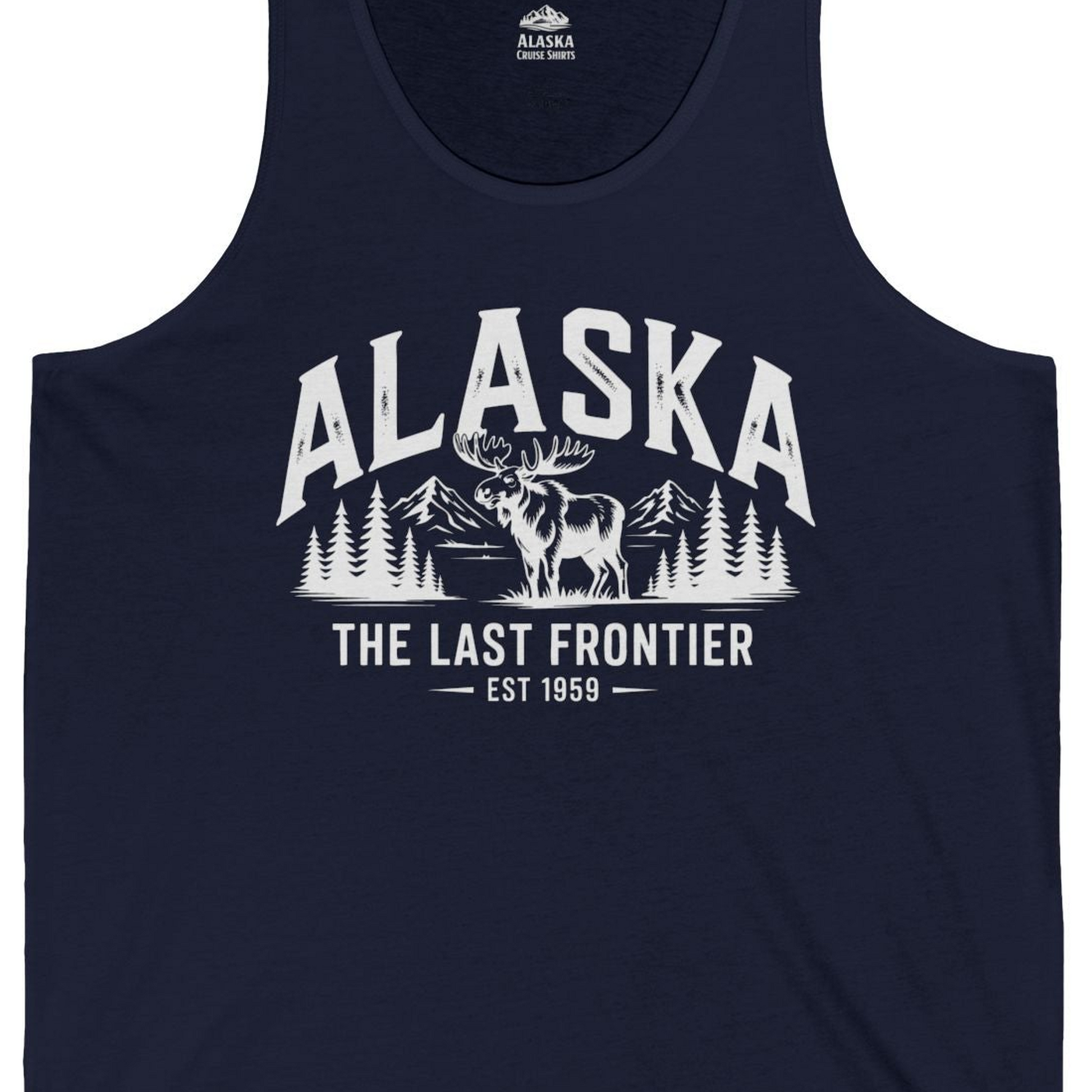Alaska The Last Frontier Moose Mountain Wilderness Graphic Shirt — Tank Top Tank Top – Navy – Alaska Cruise Shirts Close Up