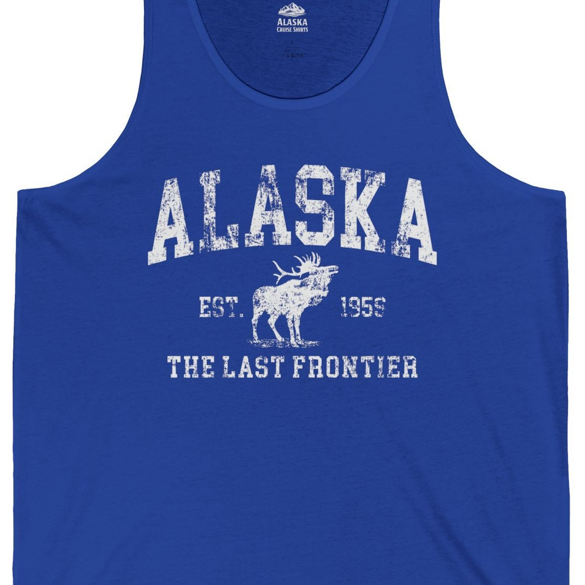 Vintage Alaska Moose Shirt Tank Top – True Royal – Alaska Cruise Shirts Close Up