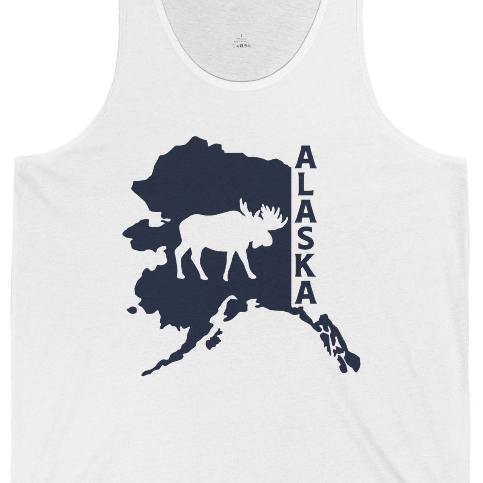 Alaska Moose Silhouette Shirt Tank Top – White – Alaska Cruise Shirts Close Up