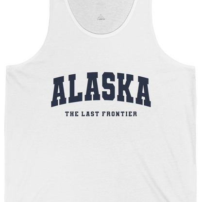 Alaska The Last Frontier Bold Collegiate Vintage State Pride Shirt — Tank Top Tank Top – White – Alaska Cruise Shirts Close Up