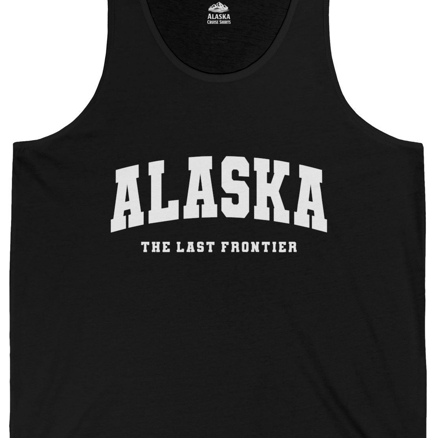 Alaska The Last Frontier Bold Collegiate Vintage State Pride Shirt — Tank Top Tank Top – Black – Alaska Cruise Shirts Close Up