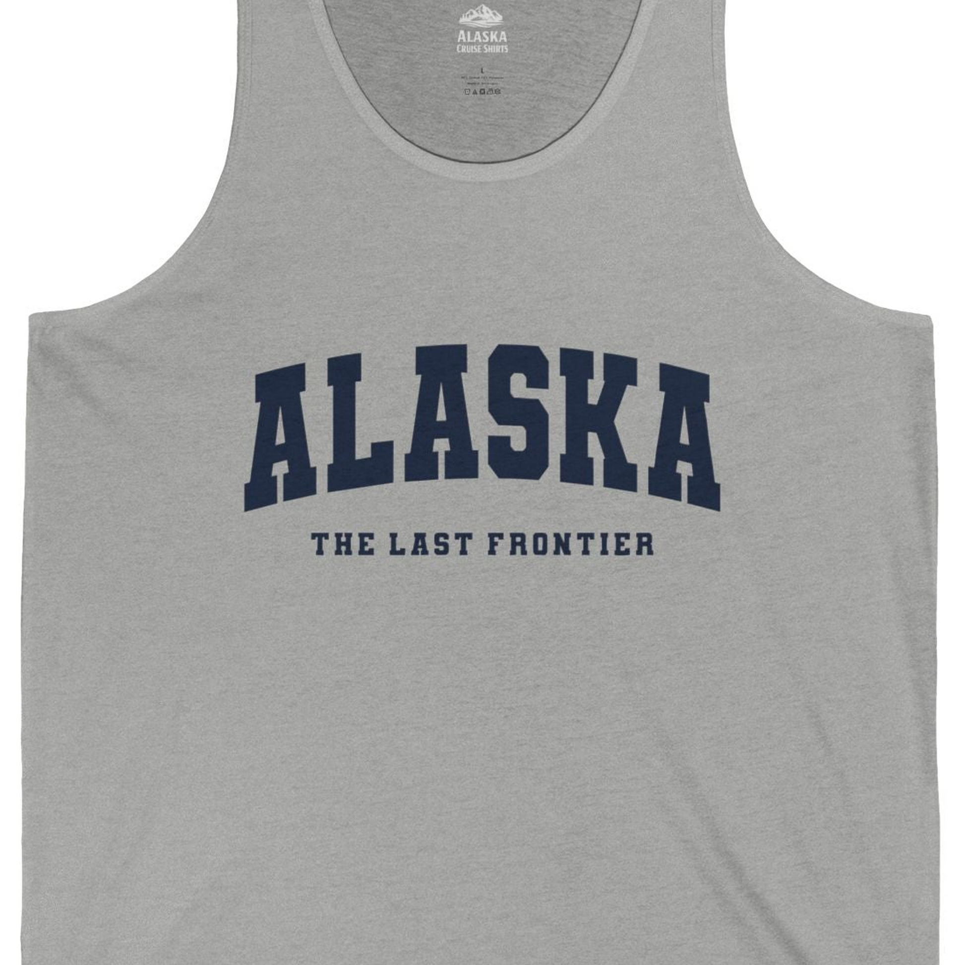 Alaska The Last Frontier Bold Collegiate Vintage State Pride Shirt — Tank Top Tank Top – Athletic Heather – Alaska Cruise Shirts Close Up