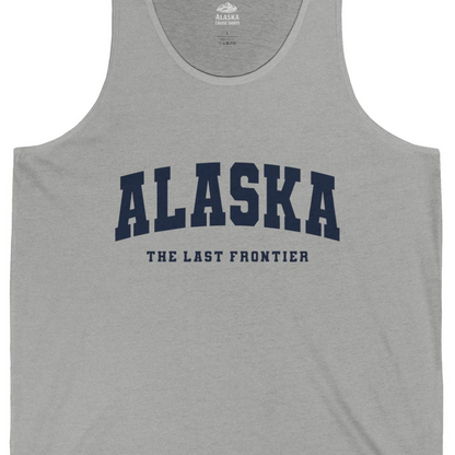 Alaska The Last Frontier Bold Collegiate Vintage State Pride Shirt — Tank Top Tank Top – Athletic Heather – Alaska Cruise Shirts Close Up