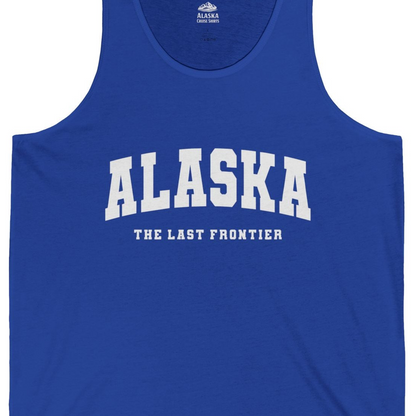 Alaska The Last Frontier Bold Collegiate Vintage State Pride Shirt — Tank Top Tank Top – True Royal – Alaska Cruise Shirts Close Up
